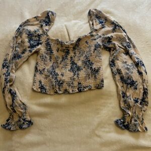 Windsor Navy and Cream Cropped Floral Long Sleeve Blouse